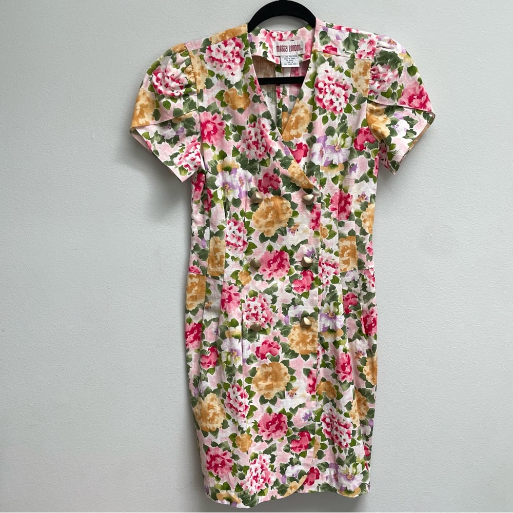 Vintage Maggy London Linen blend Floral Dress double breasted size 4